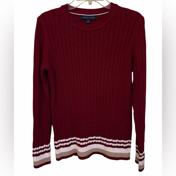 Tommy Hilfiger Maroon Cable Knit Crewneck Sweater Tipped Hems Preppy Academia - Picture 5 of 11